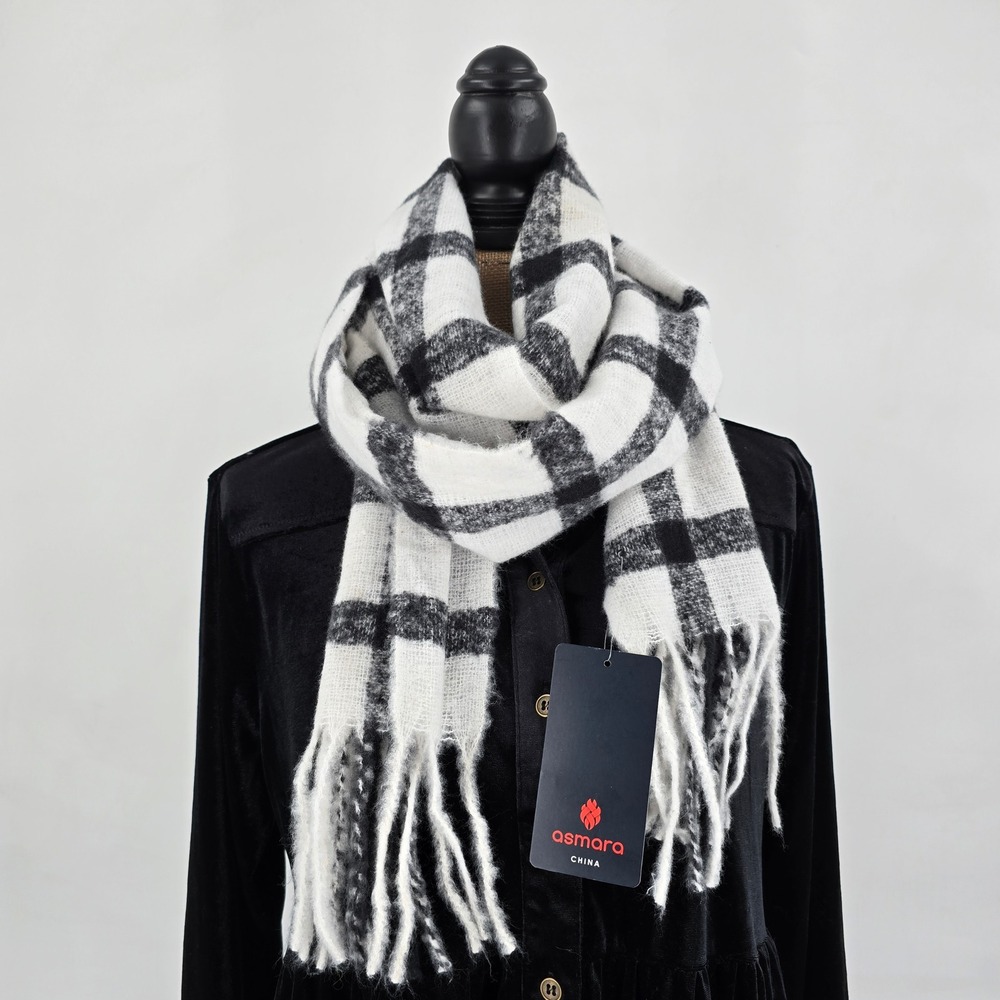 Asmara‎ Brushed Cloud Plaid Scarf Womens OS Black White Fringed Winter Wrap NWT